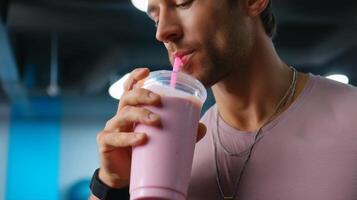 Man enjoying a pink smoothie while relaxing in a modern gym environment after a workout photo