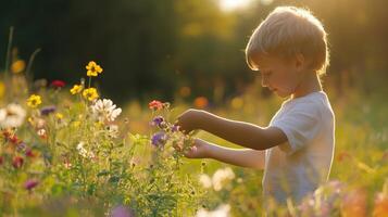 Child enjoying sunny day while picking flowers in a blooming field full of colorful wildflowers in the late afternoon light photo