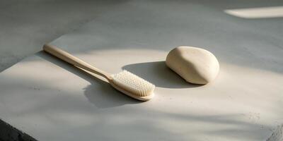Creative arrangement of a toothbrush and a clay stone on a smooth surface with soft lighting in a serene indoor space photo