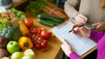 People checking a list while surrounded by fresh vegetables and fruits in a market setting during daytime photo