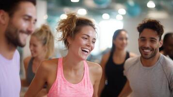 Fitness enthusiasts enjoying a lively group workout session at a gym in the morning hours photo