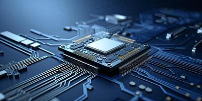Close-up view of a computer microchip on a circuit board showcasing intricate electronic connections photo