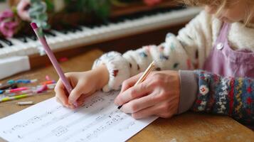 Child composing music notes at a wooden table with colorful pens near a piano in a cozy indoor setting photo