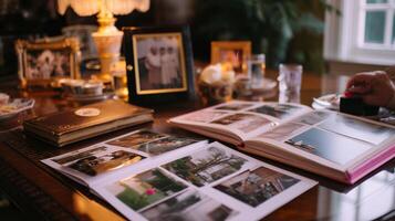 Cherishing memories through family albums and photographs on a cozy table setting photo