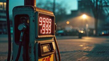 Vintage gas station pump displayed at night with illuminated price readings in a quiet urban area photo