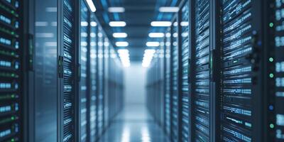 Modern data center with rows of servers illuminated by bright overhead lights during a daytime operation photo