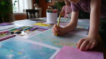 Kids creating colorful maps and drawings in a cozy indoor space during a creative afternoon activity photo