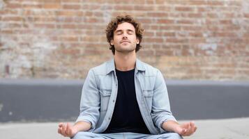 Man meditating calmly outdoors in front of a rustic brick wall during daylight photo