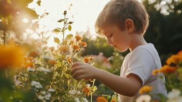Child enjoying a sunny day in a flower garden, picking bright blooms and appreciating nature's beauty photo