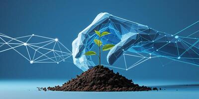 Digital hand nurturing a young plant in soil with a futuristic background of connected lines and dots photo
