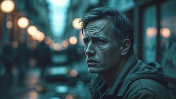 Man with a weary expression standing in a dimly lit urban street during twilight hours photo