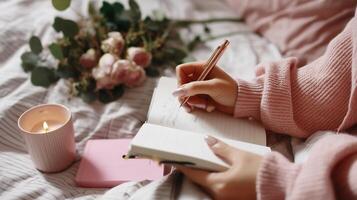 Cozy morning routine with journaling, candles, and flowers in a comfortable setting photo