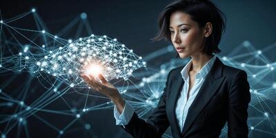 Professional woman interacting with futuristic digital network in a darkened environment showcasing innovation and technology photo