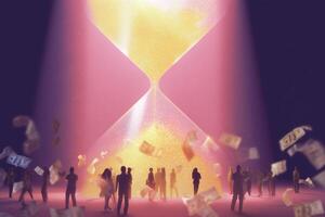 Illuminated hourglass surrounded by silhouettes and floating money creates a surreal atmosphere at dusk photo