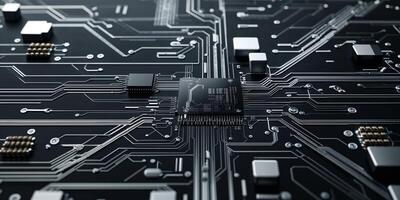 Detailed close-up of a black circuit board showcasing intricate electronic components and wiring patterns at a tech-focused workshop photo
