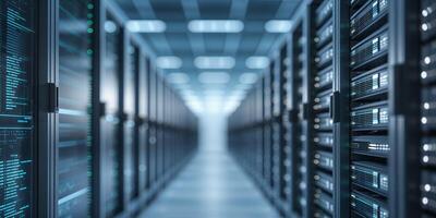 Advanced server room with rows of data storage units illuminated by soft blue lights in a modern facility photo