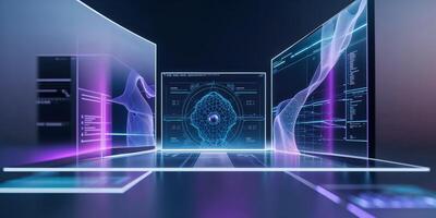 Digital workspace showcasing advanced technology with vibrant holographic displays and intricate data visualization in a modern office photo