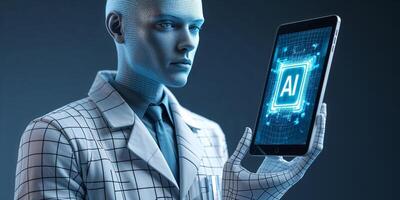 Futuristic humanoid robot showcasing advanced AI technology with a digital tablet in a modern laboratory setting photo