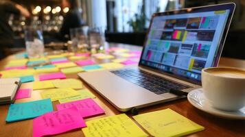 Collaborative workspace filled with colorful sticky notes and a laptop in a vibrant cafe setting photo
