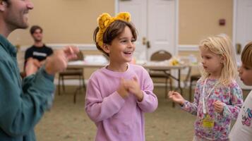 Children enjoying a fun indoor activity with music and laughter at a community event during the afternoon photo
