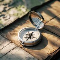 Compass resting on an old map during golden hour, showcasing exploration and adventure in nature photo