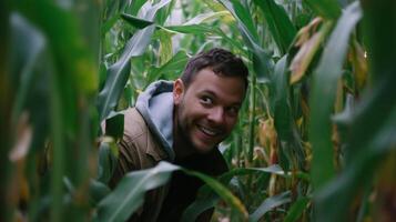 Smiling man exploring a cornfield during autumn in a rural setting photo