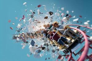 Excitement surges on a roller coaster as riders experience a thrilling rush and exploding confetti in a theme park setting photo