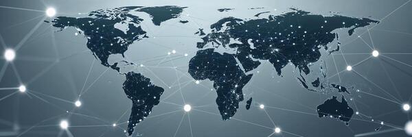 Global network connections visualized through a dark world map with glowing nodes and lines representing data flow photo