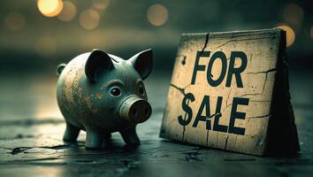 Vintage piggy bank standing next to a weathered for sale sign on a darkened surface with soft lighting photo