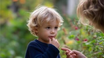 Child engages in curious conversation in a garden setting during golden hour with soft natural lighting photo