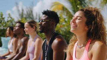Group of friends enjoying a mindfulness session in a tropical setting during a sunny afternoon photo