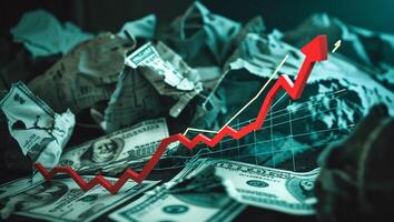 Financial growth represented by rising graph on crumpled dollar bills signifies economic recovery and investment opportunities photo
