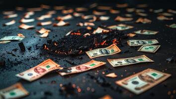 Money scattered on the ground with ashes and embers glowing in a darkened space photo
