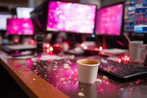 Computer workstation cluttered with leftover coffee and colorful debris during a busy workday photo