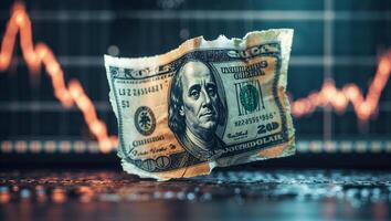 Currency value and economic trends illustrated with a twenty-dollar bill against a fluctuating stock graph photo