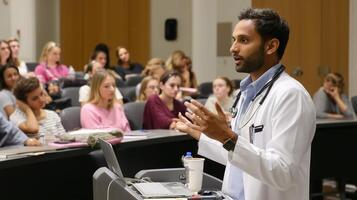 Medical professional engages students in interactive lecture on healthcare topics in a university classroom setting photo