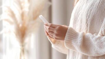 Cozy person using smartphone while standing near window with soft natural light photo