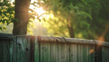 Sunlight filters through trees over a rustic wooden fence in a serene outdoor setting during golden hour photo