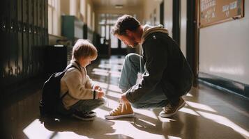 Father teaches son how to tie shoelaces in a school hallway during mid-morning hours photo