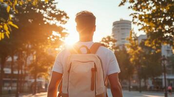 Young traveler enjoys sunset stroll through urban park with backpack in summer, capturing beautiful moments and city vibes photo