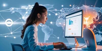 Data analysis and business insights from a woman working at a computer in a modern office during the day photo