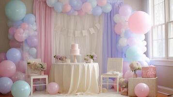 Celebration setup featuring pastel balloons and a cake in a cozy indoor setting photo
