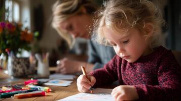 Child engaged in creative drawing activity at home with parent present, highlighting fun and learning through art photo