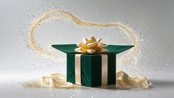 Gift box with elegant ribbon surrounded by glittering sparkles creates a celebratory atmosphere for special occasions photo
