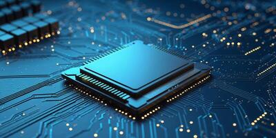 Close-up of a modern microprocessor on a digital circuit board depicting advanced technology and innovation photo