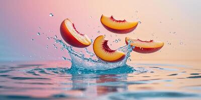 Fresh peach slices create splashes in clear water against a soft gradient background during a bright summer day photo