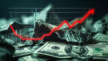 Financial growth represented by a rising graph over crumpled dollar bills in a dark setting photo