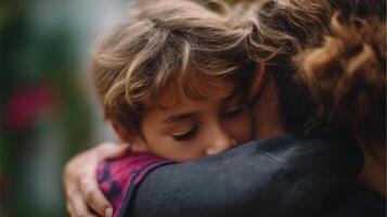 Emotional reunion between a child and adult during a warm afternoon in a garden setting photo