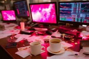 Coffee cups on a messy desk surrounded by multiple monitors displaying stock market data in a bustling trading environment photo