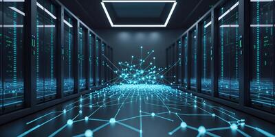 High-tech data center with glowing network connections and server racks at night photo